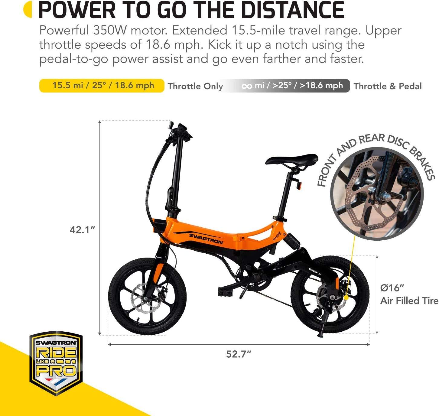 Swagtron Swagcycle EB-7 Elite Plus Folding Electric Bike with Removable Battery. Orange/Black. 16 Wheels. 7-Speed