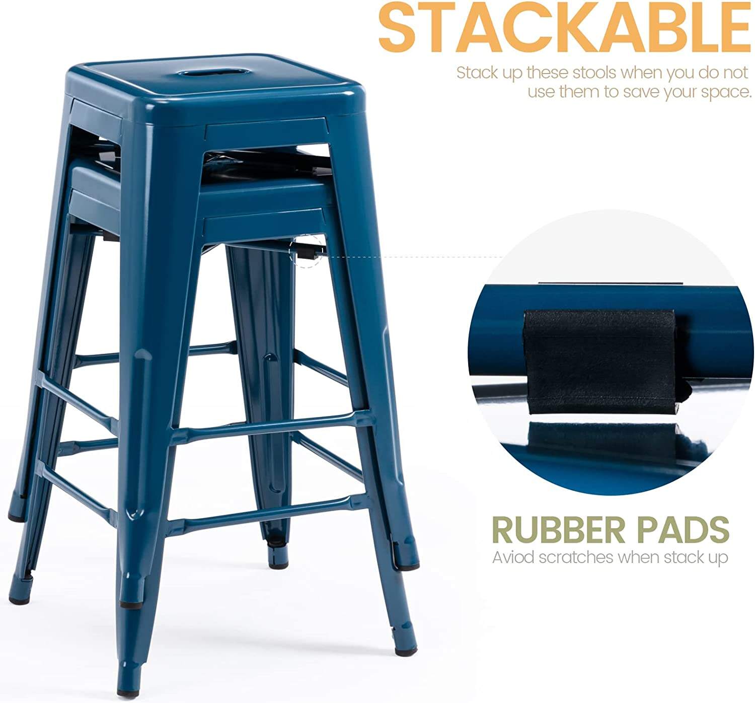 24 Inch Metal Bar stools. Backless Counter Height Barstools. Indoor Outdoor Stackable Stools with Square Seat