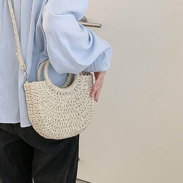 Women's Handbag Crossbody Bag Straw Bag Straw Holiday Beach Large Capacity Breathable Solid Color Folk off white khaki