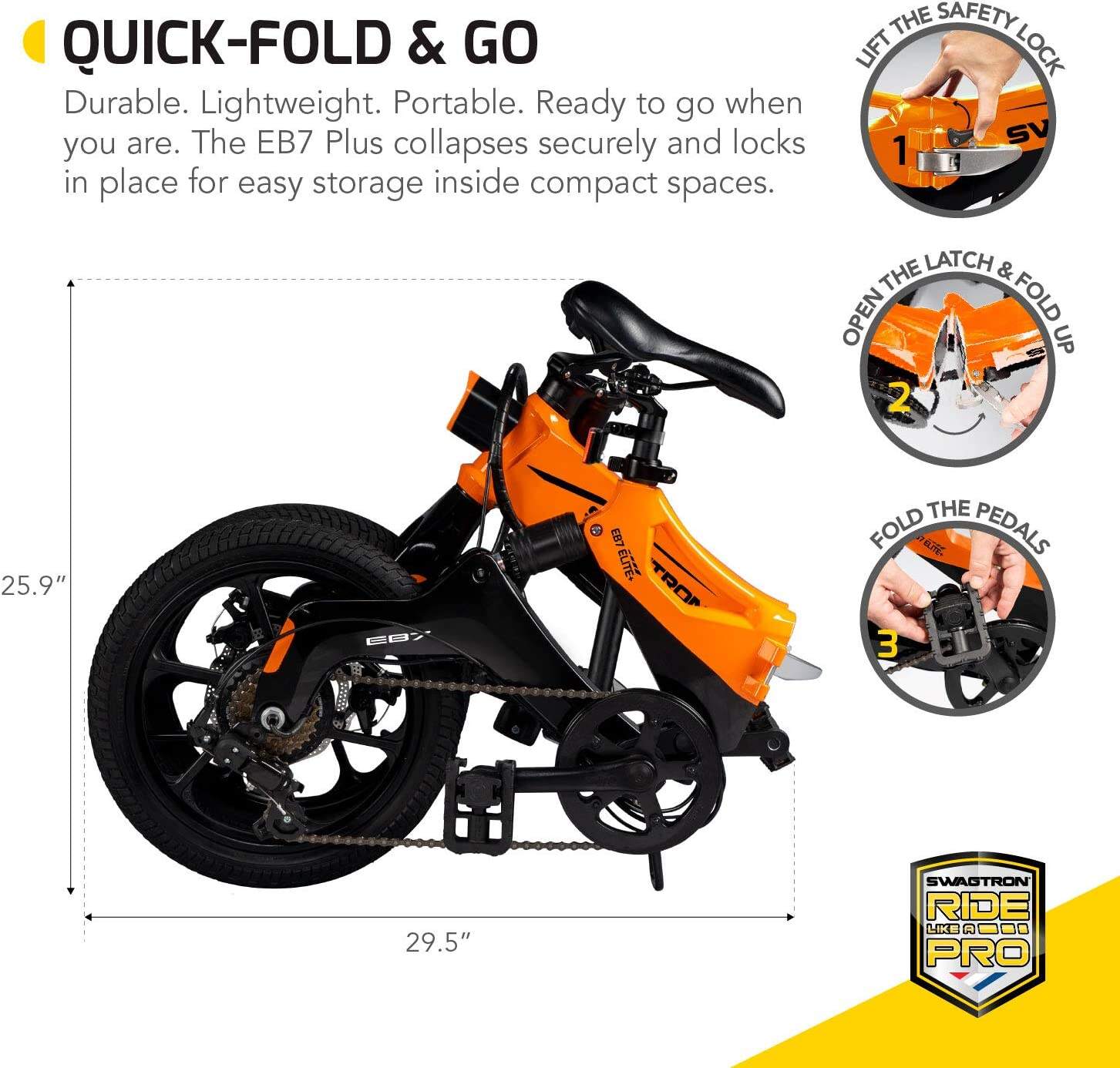 Swagtron Swagcycle EB-7 Elite Plus Folding Electric Bike with Removable Battery. Orange/Black. 16 Wheels. 7-Speed